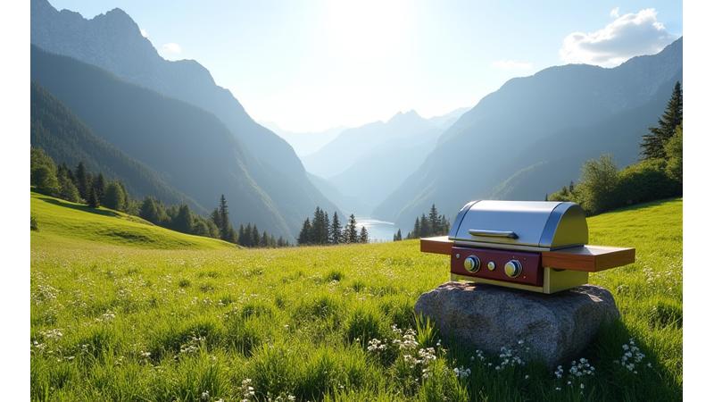 Ein malerisches, sonnenverwöhntes Alpenpanorama, das die Werte von Qualität und Authentizität reflektiert, mit einem dezenten Grill im Vordergrund.
