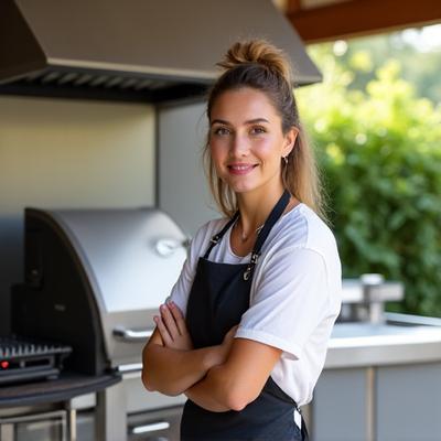 Porträt von Anna Huber, zertifizierte Grill-Spezialistin, mit einem professionellen, herzlichen Ausdruck in einer modernen Outdoor-Küchenumgebung.